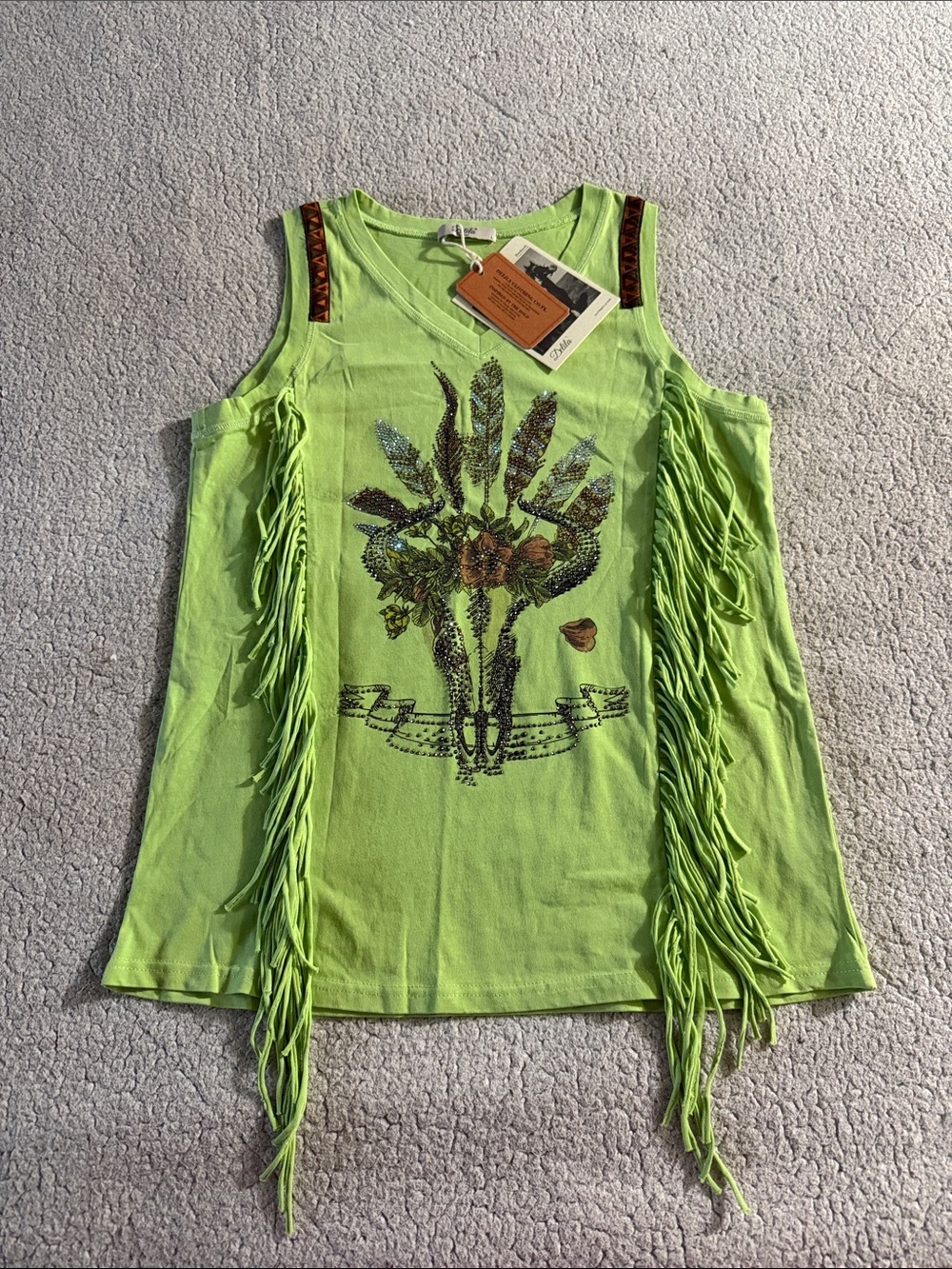 Delta Neon Lime Fringe Embellished Graphic Western Tank Large New